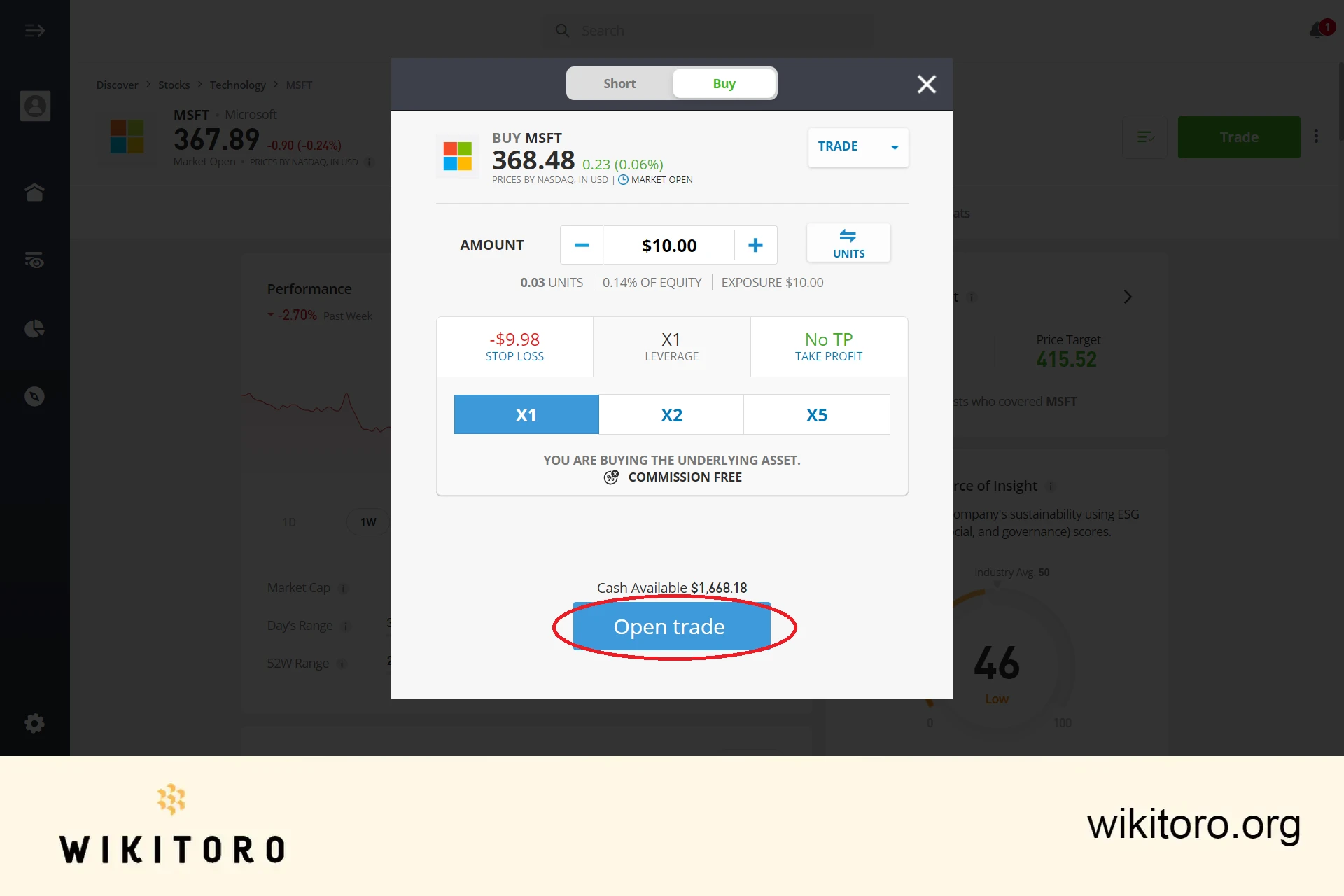 Esecuzione del trading di azioni Microsoft di eToro