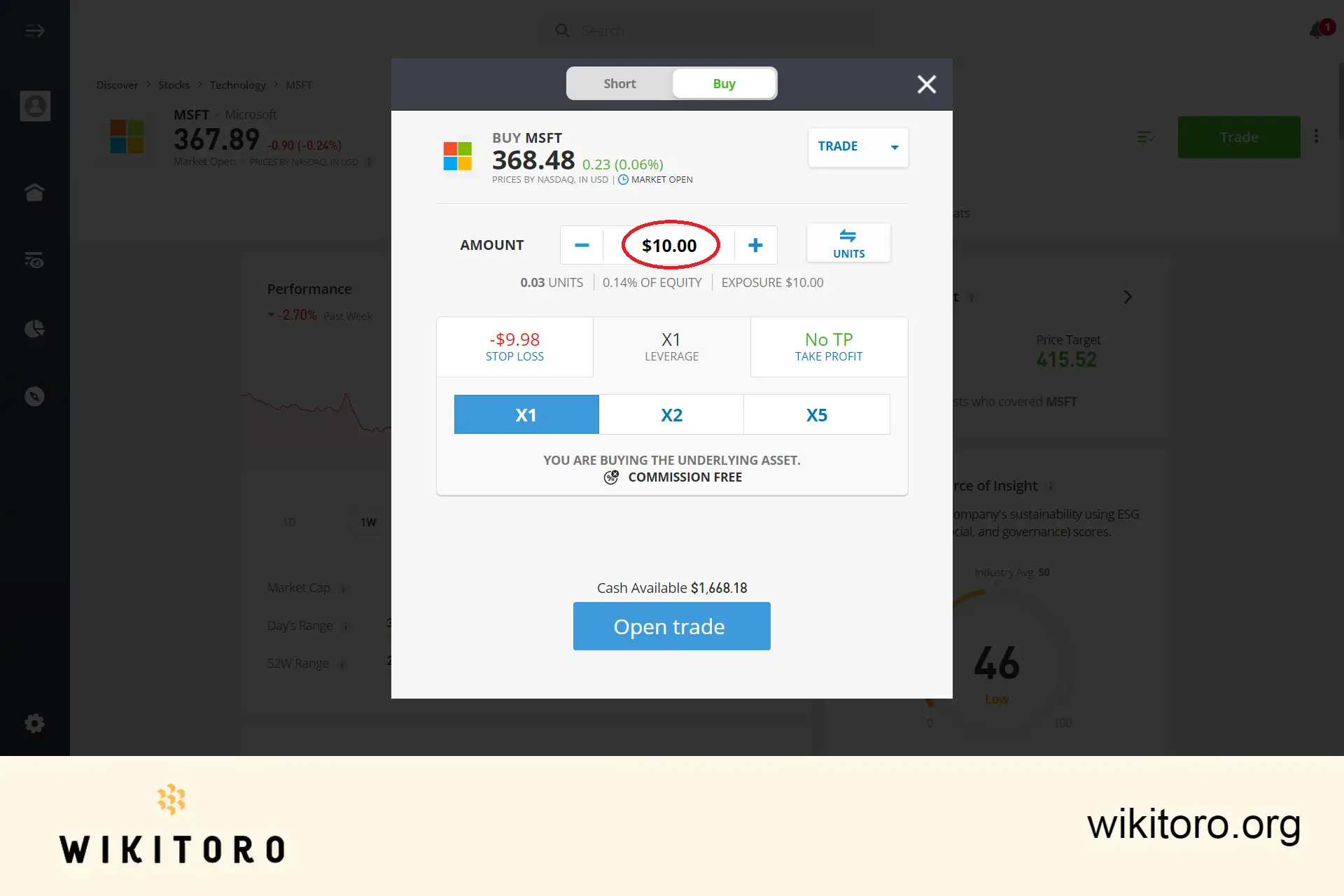 Inserimento dell'importo dell'investimento in azioni Microsoft su eToro