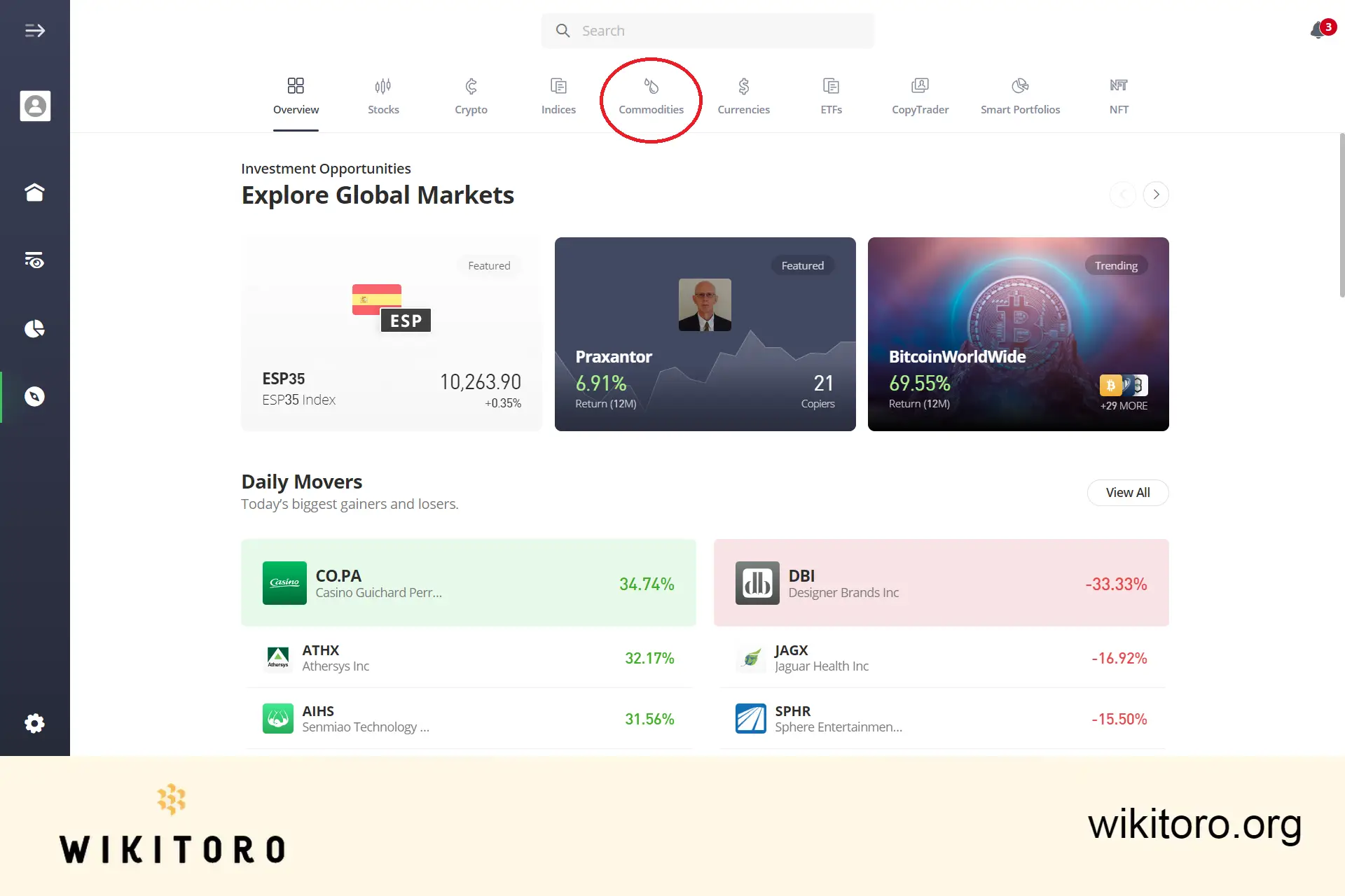 Selezione della categoria di asset Commodities su eToro