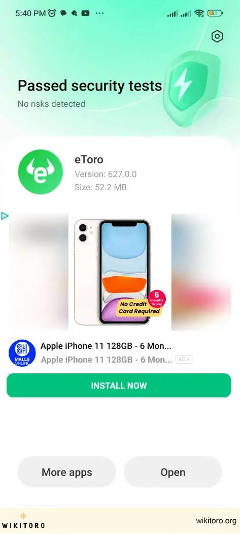 Applicazione eToro installata su dispositivo Android
